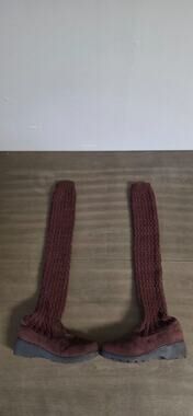 Burgundy Cable Knit Over the Knee Sock Boots EU 36 US 6 Lug Sole